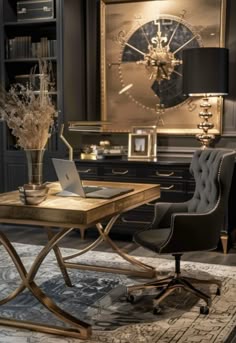 a desk with a laptop on it in a room