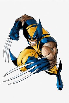the wolverine is flying through the air with his claws extended and one hand on his hips