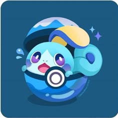 a blue and white cartoon character holding a camera in its mouth with stars on the background