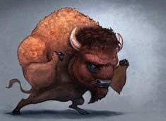 a drawing of a bison with horns running
