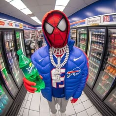 a man in a spiderman costume is standing in front of refrigerators with drinks