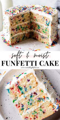 a cake with white frosting and sprinkles cut in half on a plate