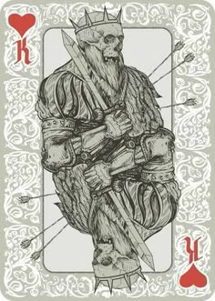 the king of spades with an evil face and crown on his head, surrounded by hearts