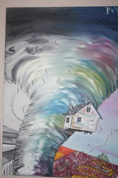 a painting of a house in the middle of a large wave that is crashing over it