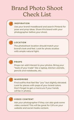 a pink background with the words'brand photo shoot check list'in orange and white