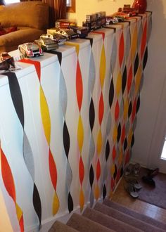 a group of boxes sitting on top of a set of stairs