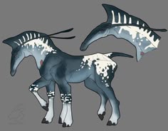 two blue and white horses standing next to each other on a gray background with black spots