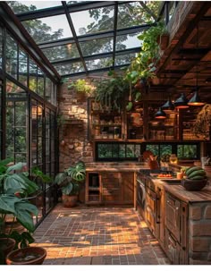 a kitchen filled with lots of potted plants next to a stone wall and ceiling
