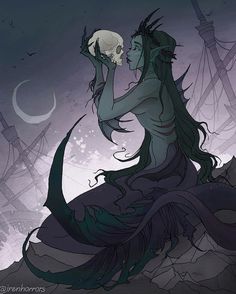 a woman sitting on top of a rock with a skull in her hand and the sky behind her