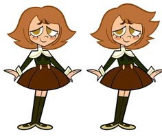two cartoon girls with brown hair and green dress