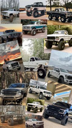 many different pictures of trucks and cars in the same collage, including one truck