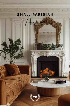 a living room filled with furniture and a fire place in front of a white fireplace