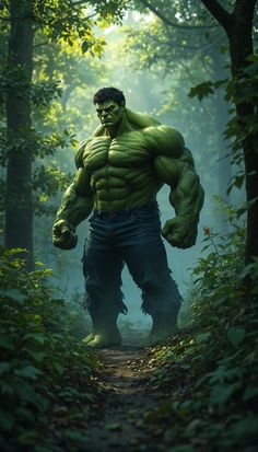 the incredible hulk is standing in the woods