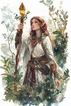 Tindel Aetherleaf stands at a modest height, her frame slender and agile. Her skin bears a warm, sun-kissed hue, accentuated by a cascade of chestnut hair adorned with small, woven twigs and vibrant moss. Her attire consists of layered earth-toned robes, interspersed with patches of rich green. Tindel carries an ornate staff carved from ancient wood, crowned with a radiant crystal that gleams in s...