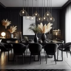 an elegant dining room with black walls and chairs