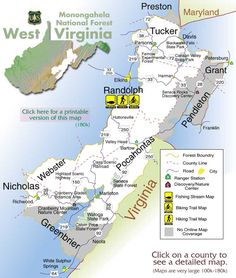a map of the west virginia region with major roads and locations to see on a detailed map