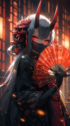 a woman with horns holding a red fan in front of a dark cityscape