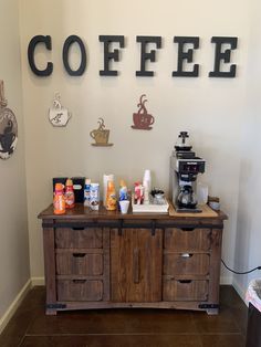 the coffee bar has many different types of drinks on it