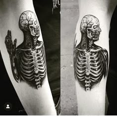 black and white photo of two people with tattoos on their arms, one is holding a skeleton