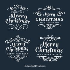 merry christmas and happy new year badges with handwritten lettering on dark background, set of four