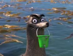 a cartoon character is holding a bucket in the water