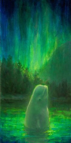 a painting of a polar bear sitting in the water with an aurora bore behind it