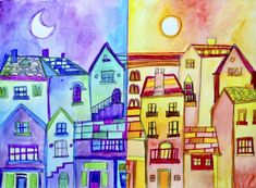 two drawings of houses with the moon in the background