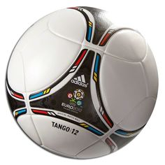 a white soccer ball with black, red, and blue stripes on the outside of it