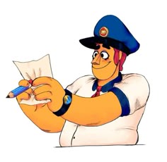 a cartoon character holding a pencil and paper in his right hand as if he is writing something