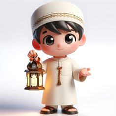 a small figurine is holding a lantern