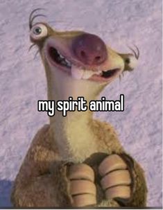 a slotty bear sitting in the snow with its mouth open and tongue out saying, my spirit animal