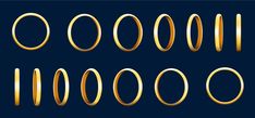 six gold rings arranged in the shape of circles on a dark background with space for text
