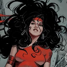 a drawing of a woman with long black hair and red top on her head, standing in front of a cityscape