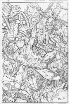 the amazing spider - man and his many other characters are depicted in this pencil drawing