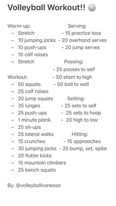 A good workout for all positions!! 💪 Volleyball Postitions, Volleyball Jump Workout, Volleyball Warm Up Stretches, Volleyball Exercises For Beginners, Best Workout For Volleyball Players, Origami Volleyball, How To Get Volleyball Legs, Volleyball Core Workout, Workouts For Sports