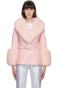 Saks Potts: Pink Fur Shorty Jacket | SSENSE Spring Leather Jacket With Belt Loops For Work, Chic Winter Leather Jacket With Belt Loops, Elegant Winter Outerwear With Belt Loops, Winter Leather Jacket With Belt Loops For Work, Chic Winter Outerwear With Belt Loops, Luxury Long Sleeve Outerwear With Belted Cuffs, Luxury Belted Winter Outerwear, Luxury Fitted Outerwear With Belted Cuffs, Luxury Fitted Outerwear With Belt Loops