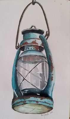 a drawing of a blue lantern hanging on a wall