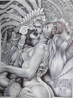 a black and white drawing of two women with feathers on their head, one holding the other