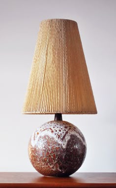 a lamp that is sitting on top of a wooden table next to a light bulb
