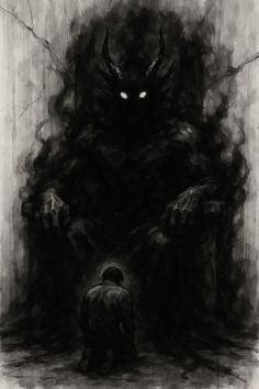 a man kneeling down in front of a giant demon