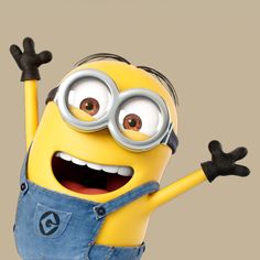a yellow minion wearing overalls and holding his arms in the air with both hands