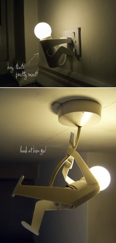 two different views of a light fixture and the same one with an upside down lamp on it