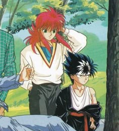 an anime scene with two people and one is holding his hair in the air while another person looks on