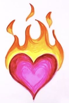 a drawing of a heart with flames coming out of it