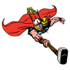 the mighty man flying through the air with an ax in his hand and wearing a red cape