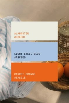 there are oranges in the basket next to some clothing and a jar with water on it