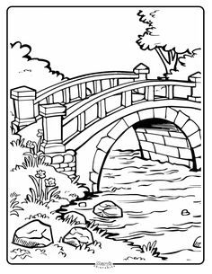 a black and white drawing of a bridge over a river with rocks in the water