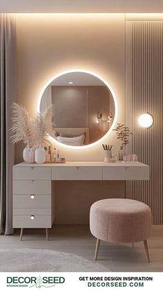 a white vanity with a round mirror above it and a stool in front of it