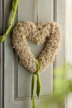 a heart shaped wreath hanging on a door with a green plant in the foreground