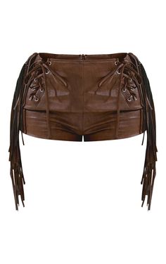Brown Fringe Shorts, Western Matching Set, Clothes With Fringe, Brown Leather Clothes, Coachella Tops, Fringe Clothes, Vintage Brown Bottoms For Festival, Fringe Outfits, Cool Clothes Png